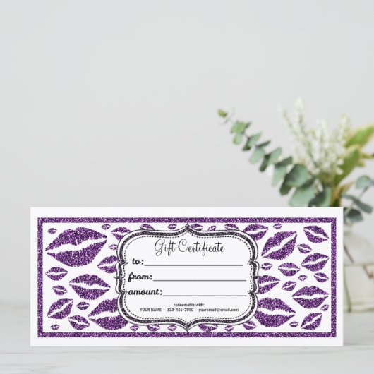 Paars Glitter Lips CUSTOM GIFT-CERTIFICAAT (Staand voorkant)