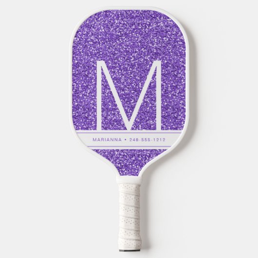 Paars Glitter Monogram Initiaal Gepersonaliseerd Pickleball Paddle (Voorkant)