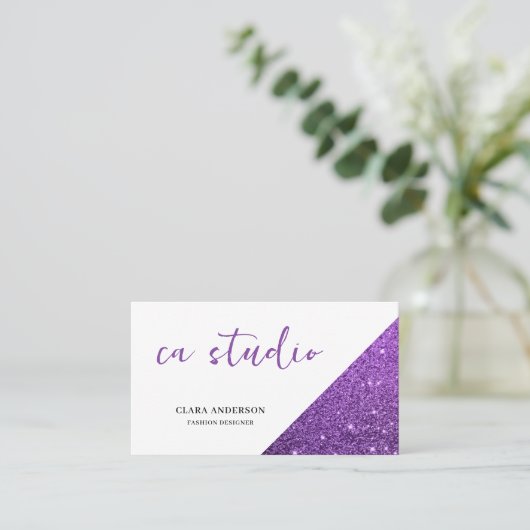 Paars Glitter Monogram Visitekaartje (Staand voorkant)