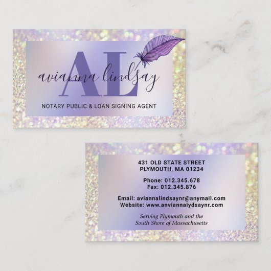 Paars Glitter-monogram voor notaristekenaar Visitekaartje (Voorkant / Achterkant)