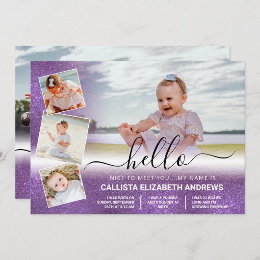 Paars Glitter Ombre Birth Foto Collage Aankondiging (Voorkant / Achterkant)