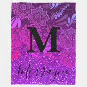 Paars Glitter Ombre Boho Chic Floral Monogram Fleece Deken (Voorkant)