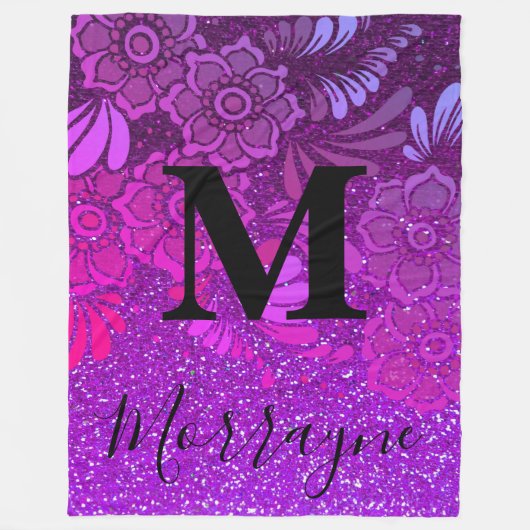 Paars Glitter Ombre Boho Chic Floral Monogram Fleece Deken (Voorkant)