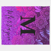 Paars Glitter Ombre Boho Chic Floral Monogram Fleece Deken (Voorkant (Horizontaal))