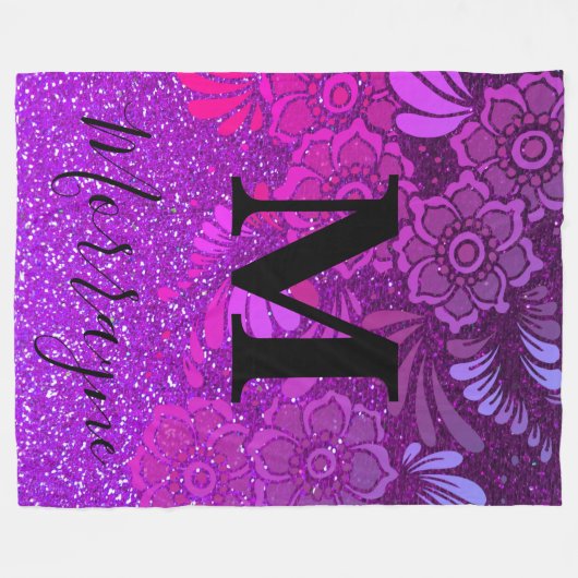 Paars Glitter Ombre Boho Chic Floral Monogram Fleece Deken (Voorkant (Horizontaal))
