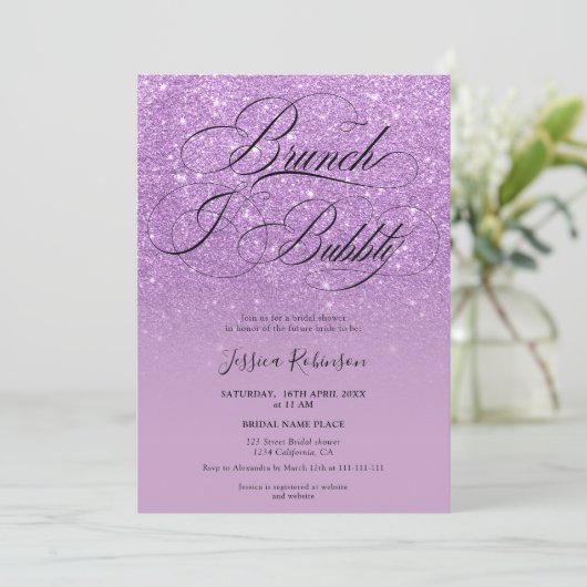Paars glitter ombre script vrijgezellenfeest kaart (Staand voorkant)