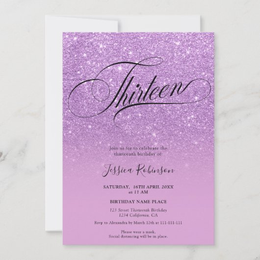 Paars glitter ombre sparkles chic script Dertien Kaart (Voorkant)