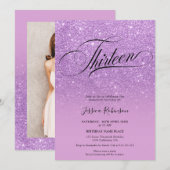 Paars glitter ombre sparkles chic script Dertien Kaart (Voorkant / Achterkant)