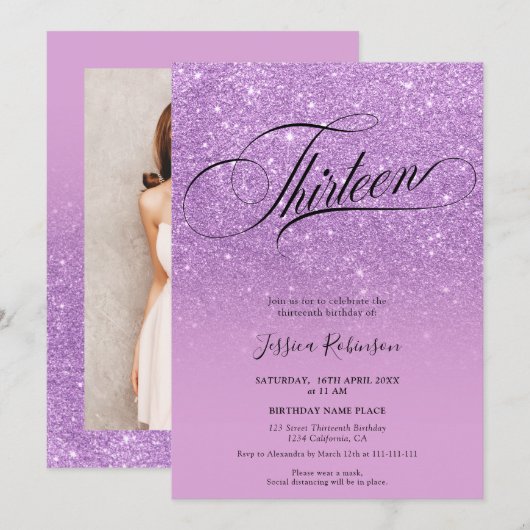 Paars glitter ombre sparkles chic script Dertien Kaart (Voorkant / Achterkant)