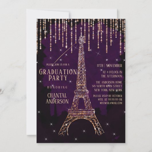 Paars Glitter Paris Afstuderen Eiffeltoren Kaart (Voorkant)