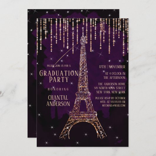 Paars Glitter Paris Afstuderen Eiffeltoren Kaart (Voorkant / Achterkant)