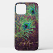 Paars Glitter Peacock Feathers Elegant Monogram Case-Mate iPhone Case (Achterkant)