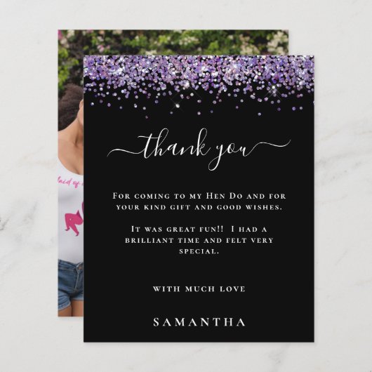 Paars Glitter Photo Hen Party Black Bedankt (Voorkant / Achterkant)