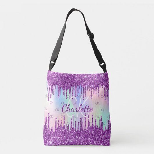 Paars glitter roze holografisch aangepast monogram crossbody tas (Achterkant)