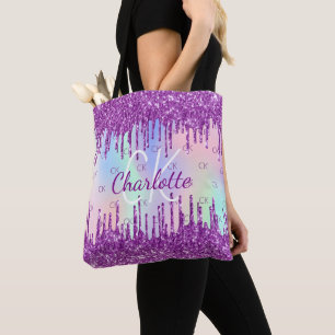 Paars glitter roze holografisch aangepast monogram tote bag