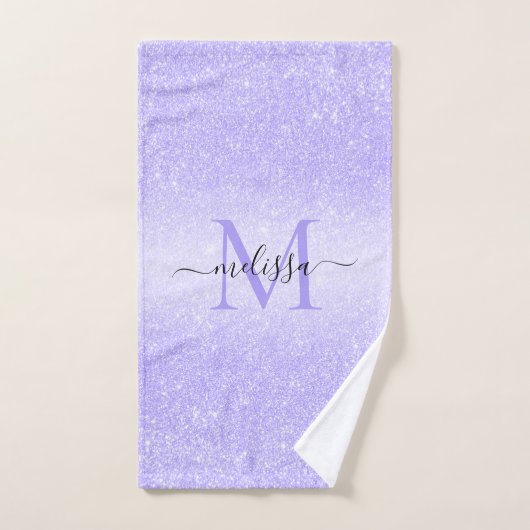 Paars Glitter Script Name Monogram Bad Handdoek (Handdoek)