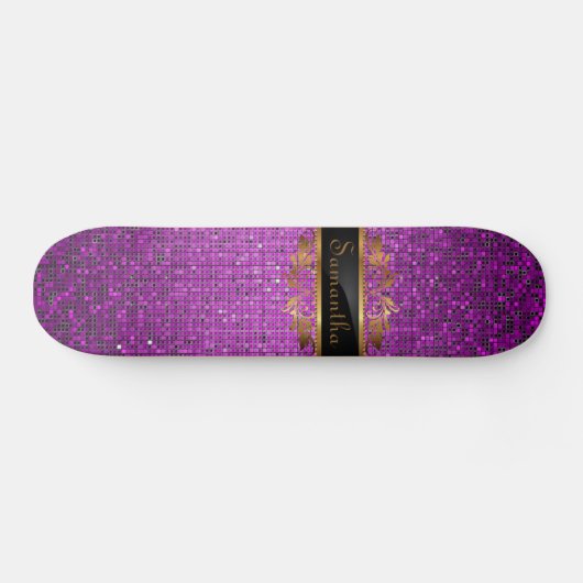 Paars Glitter Sequin Disco Glitz Comp Skateboard (Horizontaal)