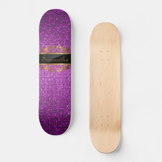 Paars Glitter Sequin Disco Glitz Comp Skateboard (Voorkant)