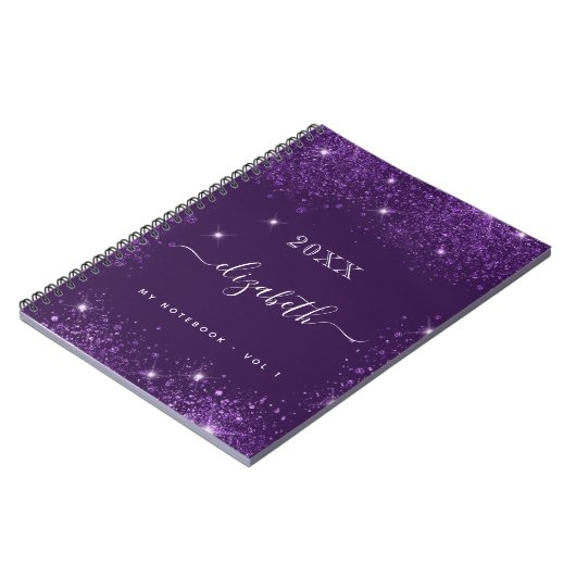 Paars glitter-stofnaamscript notitieboek (Linkerzijde)