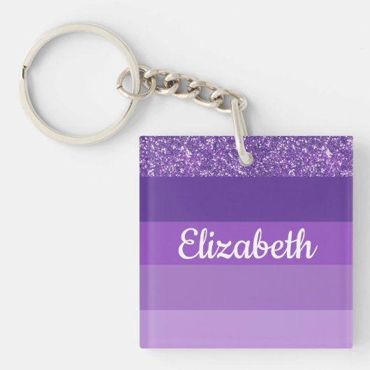 Paars Glitter Striped Monogram Sleutelhanger (Voorkant)
