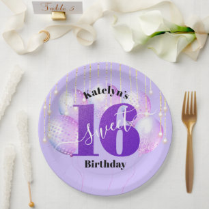 Paars Glitter Sweet 16 Birthday Balloons Script Papieren Bordje