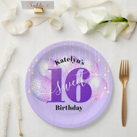 Paars Glitter Sweet 16 Birthday Balloons Script Papieren Bordje (Huwelijk)