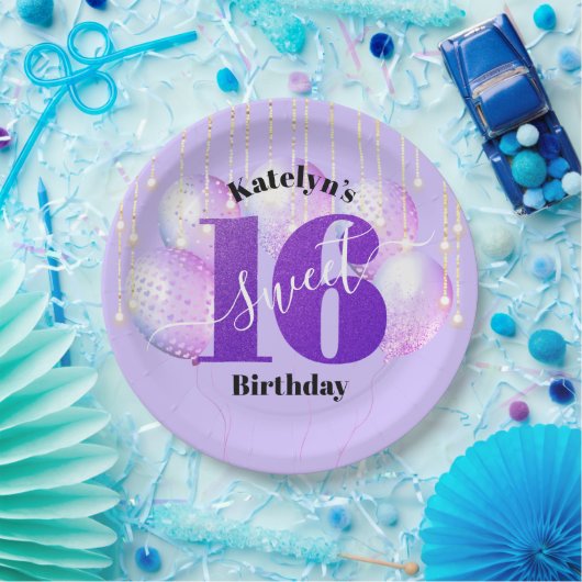 Paars Glitter Sweet 16 Birthday Balloons Script Papieren Bordje (Feest)