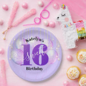Paars Glitter Sweet 16 Birthday Balloons Script Papieren Bordje (Feest)