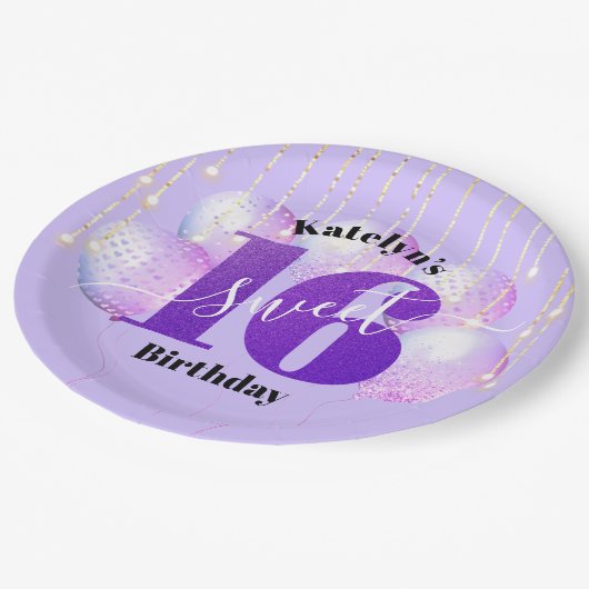 Paars Glitter Sweet 16 Birthday Balloons Script Papieren Bordje (Gekanteld)