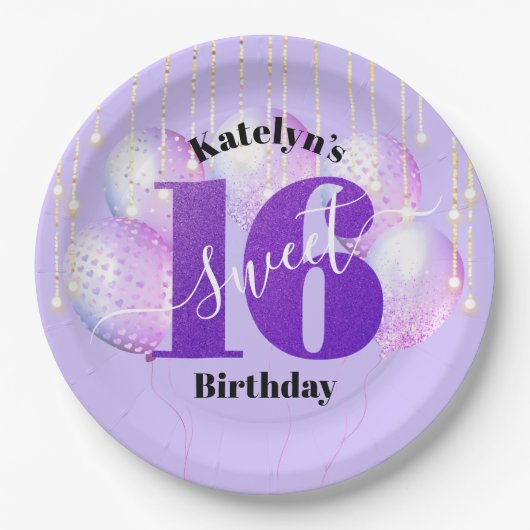 Paars Glitter Sweet 16 Birthday Balloons Script Papieren Bordje (Voorkant)