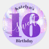 Paars Glitter Sweet 16 Birthday Balloons Script Ronde Sticker (Voorkant)