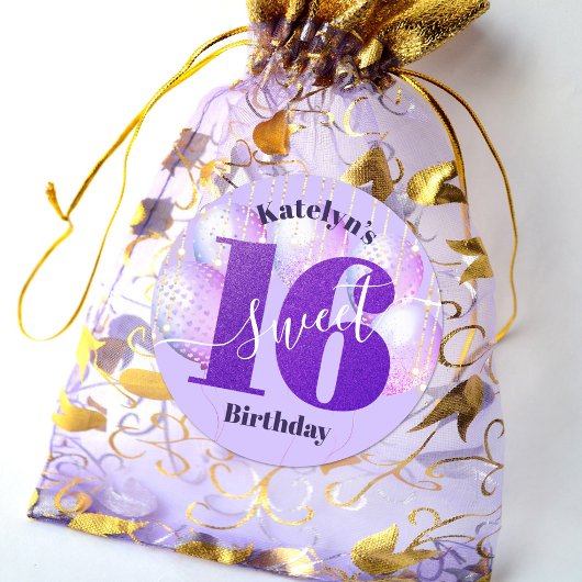Paars Glitter Sweet 16 Birthday Balloons Script Ronde Sticker