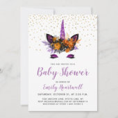 Paars Glitter Unicorn Girl Baby shower Kaart (Voorkant)
