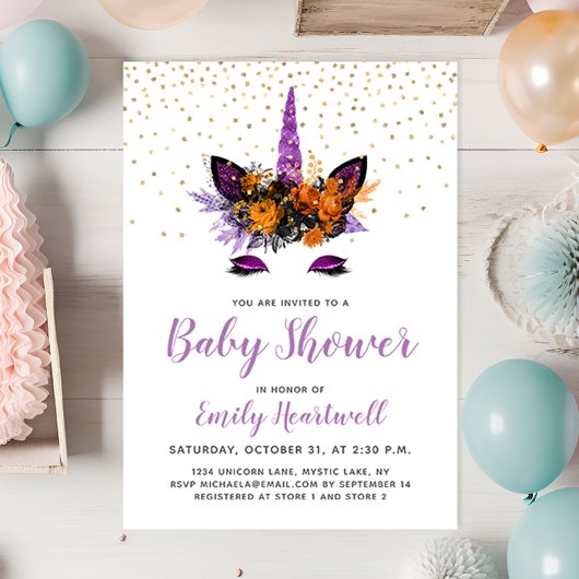 Paars Glitter Unicorn Girl Baby shower Kaart