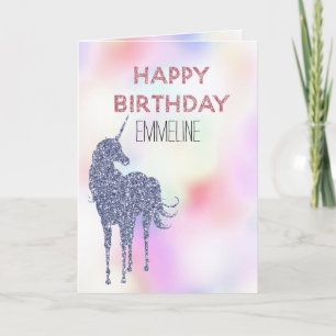 Paars Glitter Unicorn Pink Birthday        Kaart