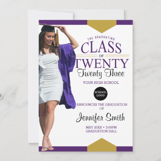 Paars Gold Afstuderen Fotouitnodiging Kaart (Voorkant)