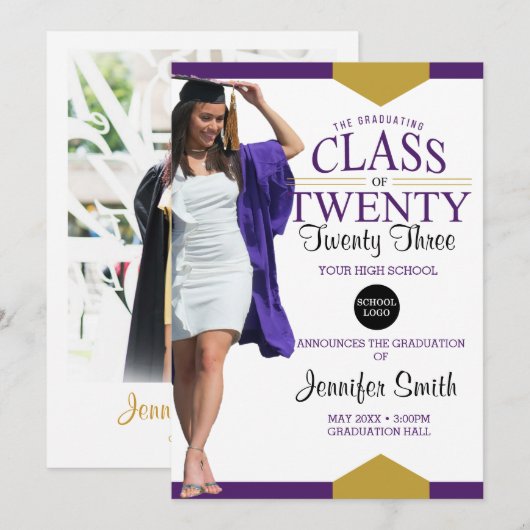 Paars Gold Afstuderen Fotouitnodiging Kaart (Voorkant / Achterkant)