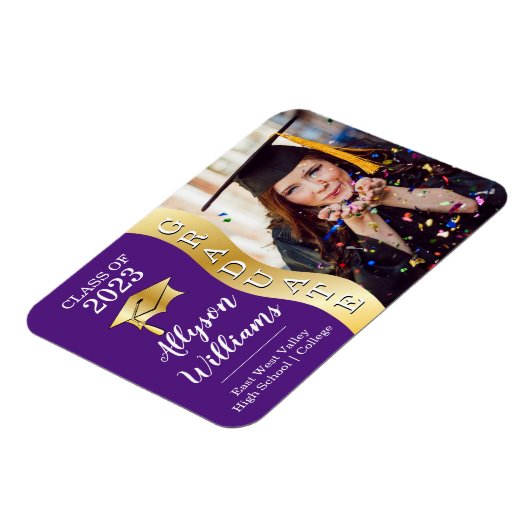 Paars | Gold Afstuderen Wave Afstudeerder Pet Foto Magneet (Linkerzijde)