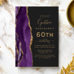 Paars Gold Agate Dark 60th Birthday Party Kaart<br><div class="desc">De linkerrand van deze elegante,  moderne verjaardagsfeestelijke uitnodiging is voorzien van een paarse waterverf-agatgrens die is getrimd met gouden faux glitter. De aanpasbare tekst combineert goudkleurige handschrift-,  copperplate- en cursieve lettertypen op een zwarte leisteenachtergrond. De achterzijde is voorzien van een passend paars en goudvormig ontwerp.</div>