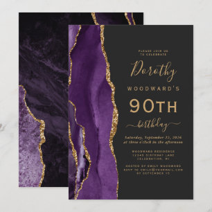 Paars Gold Agate Dark 90th Birthday Party Kaart