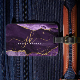 Paars Gold Agate Geode Script Initiaal Monogram Bagagelabel