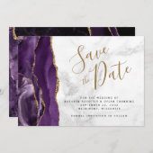Paars Gold Agate Grey Marble Save the Date Kaart (Voorkant / Achterkant)