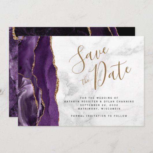 Paars Gold Agate Grey Marble Save the Date Kaart (Voorkant / Achterkant)