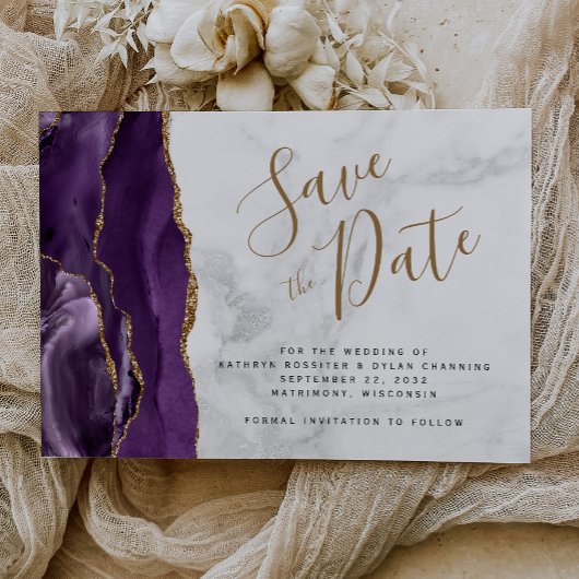 Paars Gold Agate Grey Marble Save the Date Kaart