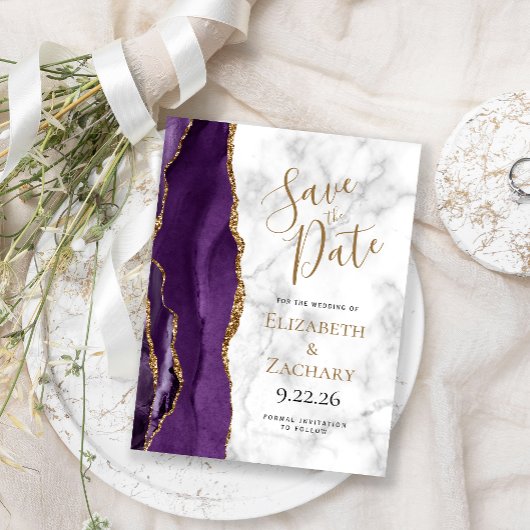 Paars Gold Agate Marble Save the Date Aankondigingskaart