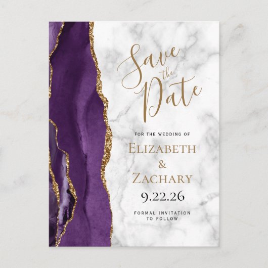 Paars Gold Agate Marble Save the Date Aankondigingskaart (Voorkant)