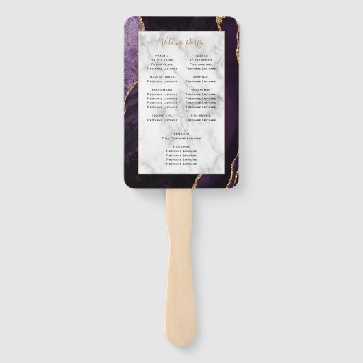 Paars Gold Agate Marble Wedding Programme Handwaaier (Achterkant)