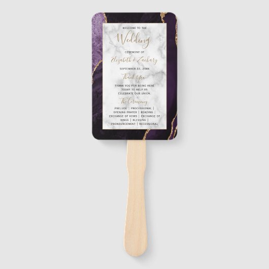 Paars Gold Agate Marble Wedding Programme Handwaaier (Voorkant)