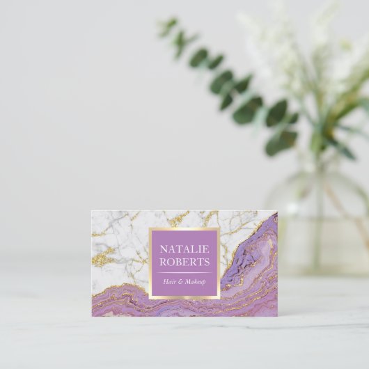 Paars Gold Agate Modern Marble Hair Makeup Artist Visitekaartje (Staand voorkant)