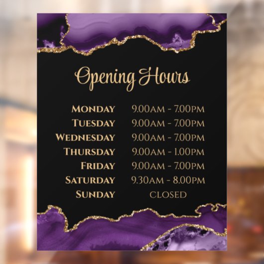 Paars Gold Agate openingstijden Venster Kling Raamsticker (Vel 2)